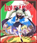  6+girls anchovy anzio_(emblem) anzio_school_uniform arm_up bangs belt beret black_cape black_hair black_hat black_necktie black_ribbon black_shoes black_skirt blonde_hair braid brown_eyes cape carpaccio carro_armato_p40 carro_veloce_cv-33 closed_eyes dress_shirt drill_hair emblem food fork full_body girls_und_panzer green_eyes green_hair grin ground_vehicle hair_ribbon hat holding holding_food italian italian_flag loafers long_hair long_sleeves looking_at_viewer military military_vehicle miniskirt motor_vehicle multiple_girls necktie open_mouth pantyhose pasta pepperoni_(girls_und_panzer) pizza pleated_skirt rapan red_eyes ribbon school_uniform shirt shoes short_hair side_braid siko_(girls_und_panzer) skirt smile solo_focus standing standing_on_one_leg tank translation_request twin_drills twintails white_legwear white_shirt 