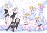 6+girls artoria_pendragon_alter_(fate/grand_order) artoria_pendragon_lancer_(fate/grand_order) barefoot black_legwear blonde_hair braid breasts buruma cleavage commentary_request eating fate/grand_order fate_(series) fou_(fate/grand_order) french_braid glasses green_eyes heroine_x heroine_x_(alter) highres hood hood_up hoodie kneeling large_breasts looking_at_another multiple_girls nightgown nipi27 pillow_fight saber saber_alter saber_lily semi-rimless_glasses shorts sitting small_breasts standing standing_on_one_leg thigh-highs under-rim_glasses yellow_eyes 