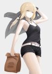  armpits bag belt black_tank_top blonde_hair breasts cleavage fate_(series) food from_below hamburger highres jacket_on_shoulders long_hair looking_at_viewer midriff navel paper_bag photoshop ponytail saber saber_alter short_shorts shorts small_breasts tank_top thighs white_background yellow_eyes 