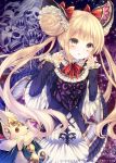  1girl :o amethyst bangs blonde_hair blush bow broken claw_pose commentary_request double_bun dress eyebrows_visible_through_hair frilled_sleeves frills gem gothic_lolita hair_bow hair_ornament hands_up hexagon juliet_sleeves kabocha_usagi lolita_fashion long_hair long_sleeves looking_away luna_(shadowverse) neck_ribbon night night_sky puffy_sleeves purple_dress red_bow red_ribbon ribbon sample shadowverse signature skeleton sky solo star star_(sky) starry_background starry_sky stuffed_animal stuffed_toy twintails very_long_hair watermark yellow_eyes 