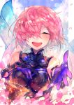  1girl :d breasts closed_eyes commentary_request cup elbow_gloves facing_viewer fate/grand_order fate_(series) gloves grail hair_over_one_eye hand_on_own_chest happy maon_(vava0210) medium_breasts open_mouth outstretched_arm petals pink_hair shield shielder_(fate/grand_order) short_hair sleeveless smile solo sparkle teeth upper_body wind 