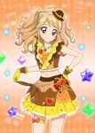  1girl aikatsu! aikatsu!_photo_on_stage!! blonde_hair bow earrings gem gloves hat heart heart_necklace highlights jewelry multicolored_hair musical_note natsuki_mikuru navel necklace orange_background pink_eyes ribbon shirt skirt sleeveless smile twintails yellow_gloves yellow_skirt 
