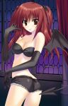  1girl :p absurdres ass back bare_shoulders bat_hair_ornament bat_wings black_gloves black_shorts black_wings breasts brown_eyes butt_crack cleavage collarbone curtains demon_girl denim denim_shorts elbow_gloves female from_behind game_cg gloves hair_ornament highres indoors long_hair looking_at_viewer looking_back medium_breasts nanakase_yui nekonade_distortion redhead scan shorts solo spread_wings strapless succubus tail thigh-highs tongue tongue_out tsukinon twisted_torso two_side_up wings 