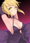  1girl armpits arms_behind_head artist_request blush breasts cleavage dutch_angle expressionless fate/stay_night fate_(series) highres looking_at_viewer medium_breasts saber saber_alter short_hair solo strap_gap yellow_eyes 