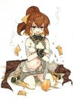  1girl absurdres breasts brown_eyes brown_hair cape covering covering_breasts dyute_(fire_emblem) fang fire_emblem fire_emblem_echoes:_mou_hitori_no_eiyuuou highres long_hair mehonobu_g navel open_mouth panties ponytail sitting small_breasts torn_armor torn_cape torn_clothes traditional_media underwear wariza white_panties wristband 