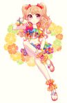  1girl aikatsu! belt blonde_hair bow bracelet floral_background flower hibiscus highlights highres jewelry kei_(pixiv23141214) multicolored_hair natsuki_mikuru navel pink_eyes ribbon sandals shirt skirt sleeveless twintails v 