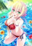  1girl ahoge bikini blonde_hair breasts cleavage cowboy_shot dress fate/extra fate/extra_ccc fate_(series) flower food front-tie_top green_eyes izumi_akane licking looking_at_viewer medium_breasts popsicle red_bikini red_dress saber_extra side-tie_bikini solo swimsuit wading water 
