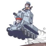  &gt;_&lt; 2girls brown_eyes brown_hair bt-42 closed_eyes girls_und_panzer ground_vehicle hat highres instrument kantele kare mika_(girls_und_panzer) mikko_(girls_und_panzer) military military_vehicle motor_vehicle multiple_girls tank twintails 