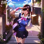  1girl bangs braid breasts brown_hair character_name cherry_blossoms d.va_(overwatch) facial_mark liang_xing long_hair overwatch salute school_uniform skirt solo sweater_vest swept_bangs twin_braids whisker_markings 