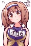  10s 1girl ? artist_name breasts commentary_request dated eyebrows_visible_through_hair hairband hand_on_own_chest highres i-26_(kantai_collection) kantai_collection large_breasts light_brown_eyes light_brown_hair long_hair looking_at_viewer name_tag new_school_swimsuit one-piece_swimsuit sailor_collar school_swimsuit short_sleeves smile solo swimsuit swimsuit_under_clothes tiemu_(man190) two-tone_hairband two_side_up 