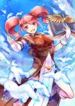  1girl absurdres bird book boots breastplate circlet clouds fire_emblem fire_emblem_echoes:_mou_hitori_no_eiyuuou fire_emblem_heroes fur_trim gloves highres long_hair mae_(fire_emblem) open_mouth pink_eyes pink_hair sky solo twintails yukimiyuki 