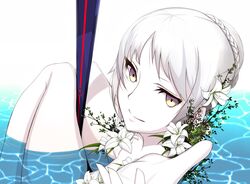  1girl absurdres between_legs dark_excalibur fate/grand_order fate_(series) flower flower_request hair_flower hair_ornament highres looking_at_viewer outstretched_hand partially_submerged saber saber_alter smile solo yellow_eyes 