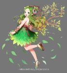  1girl back bare_shoulders brown_eyes company_name full_body green_hair grey_background gyakushuu_no_fantasica horns leaf long_hair millgua official_art open_mouth plant pointy_ears sheep_horns simple_background solo vines wavy_hair 