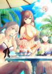  +_+ 3girls arms_behind_back bangs bikini blue_bikini blue_eyes blush breasts brown_hair character_doll cleavage closed_mouth clouds cloudy_sky collarbone day drooling eyebrows_visible_through_hair fate/grand_order fate_(series) food fruit green_hair grey_hair hair_over_one_eye highres horns ice_cream jewelry kite kiyohime_(fate/grand_order) kiyohime_(swimsuit_lancer)_(fate) large_breasts long_hair long_legs marie_antoinette_(fate/grand_order) marie_antoinette_(swimsuit_caster)_(fate) mata_hari_(fate/grand_order) medium_breasts multiple_girls necklace one_eye_closed open_mouth orange_bikini outdoors palm_tree riyo_(lyomsnpmp)_(style) shaved_ice shielder_(fate/grand_order) sitting sky smile strawberry summer sundae swimsuit table tree twintails umbrella violet_eyes whipped_cream white_bikini yellow_eyes yumemizuki 