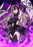 1girl arm_up armor armored_boots armpits bangs black_legwear boots breasts chains elbow_gloves fate_(series) fire fur_trim gloves grey_eyes grey_hair headpiece hizuki_miya holding_flag jeanne_alter large_breasts long_hair looking_at_viewer navel navel_cutout parted_lips purple_gloves ruler_(fate/apocrypha) smile solo standard_bearer standing thigh-highs 