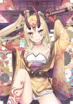  1girl absurdres architecture arm_up blonde_hair breasts collarbone demon_horns east_asian_architecture facial_tattoo fate/grand_order fate_(series) grin head_tilt highres holding holding_sword holding_weapon horns ibaraki_douji_(fate/grand_order) japanese_clothes kureha_(angelite) long_hair looking_at_viewer pointy_ears sitting small_breasts smile solo steapless sword tattoo weapon yellow_eyes 