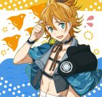  1boy animal animal_on_shoulder green_eyes japanese_clothes kamekichi male_focus nomuo_(shiromi) open_mouth orange_hair seigaiha smile touken_ranbu turtle urashima_kotetsu 