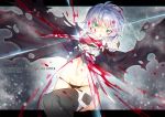  1girl assassin_of_black bandage bandaged_arm black_legwear black_panties blood cloak dagger dual_wielding fate/apocrypha fate/grand_order fate_(series) green_eyes holding holding_weapon krab looking_at_viewer midriff navel open_mouth panties reverse_grip scar scar_on_cheek short_hair silver_hair solo thigh-highs torn_clothes underwear weapon 