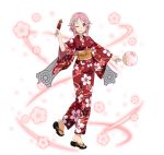  1girl ;d fan feet flower food full_body grey_wings hair_flower hair_ornament holding holding_fan holding_food japanese_clothes kimono looking_at_viewer obi olo one_eye_closed one_leg_raised open_mouth pink_flower pink_hair pointy_ears red_eyes red_kimono rin sash short_hair silica_(sao-alo) smile standing sword_art_online toes transparent_background wings yukata 