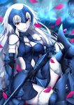  1girl armor armored_dress bare_shoulders black_gloves breasts cleavage eyebrows_visible_through_hair fate/grand_order fate_(series) fur_trim gauntlets gloves headpiece jeanne_alter light_smile long_hair looking_at_viewer medium_breasts navel pale_skin petals rong_yi_tan ruler_(fate/apocrypha) solo staff white_hair yellow_eyes 
