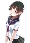  1girl 2014 black_eyes black_hair black_neckerchief black_skirt dated highres long_hair looking_at_viewer neckerchief open_mouth original pleated_skirt school_uniform serafuku shirt signature simple_background skirt solo white_background white_shirt ycums 