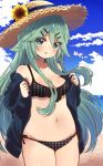  10s 1girl aqua_eyes beach bikini blush breasts cleavage clouds cloudy_sky commentary_request cowboy_shot flower green_hair hair_ornament hairclip hat hat_flower highres kantai_collection long_hair looking_at_viewer medium_breasts navel open_clothes open_mouth polka_dot polka_dot_bikini side-tie_bikini sky smile solo standing sun_hat sunflower suzuki_toto swimsuit yamakaze_(kantai_collection) 