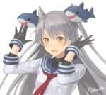  1girl amatsukaze_(kantai_collection) arms_up artist_name black_gloves blush breasts cosplay gloves grey_hair headgear kantai_collection long_hair looking_at_viewer murakumo_(kantai_collection) murakumo_(kantai_collection)_(cosplay) necktie open_mouth orange_eyes red_necktie retorillo shark small_breasts smile solo two_side_up upper_body white_background 