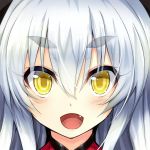  1girl bangs blush close-up commentary_request dot_nose eyebrows eyebrows_visible_through_hair face fang hair_between_eyes looking_at_viewer open_mouth original solo tirotata white_hair yellow_eyes 