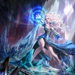  1girl bahamut_crisis banner blonde_hair blue_dress breasts cleavage column dragon dress eudia_(serenity2200) flower ice light_rays lipstick long_hair looking_at_viewer magic makeup medium_breasts official_art parted_lips pillar puffy_sleeves standing tagme tattoo thigh_strap tiara velsa violet_eyes 