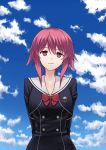  1girl arms_behind_back badge bangs blue_sky bow bowtie breasts chaos;child clouds cloudy_sky collarbone day gonoike_biwa head_tilt long_sleeves looking_at_viewer medium_breasts onoe_serika parted_lips pink_eyes pink_hair red_bow red_bowtie school_uniform short_hair_with_long_locks sky smile solo upper_body 