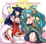  2girls ahri animal_ears bare_shoulders black_hair blue_eyes blue_hair blush breasts cleavage closed_mouth collarbone copyright_name emil_(dnjsrl63) eyebrows_visible_through_hair facing_viewer fox_ears fox_tail full_body hair_in_mouth highres kneeling large_breasts league_of_legends long_hair looking_at_viewer multiple_girls musical_note nail_polish red_nails smile sona_buvelle tail twintails yellow_eyes 