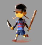  =_= androgynous backpack bag bandaid bandaid_on_knee baseball_bat baseball_cap blue_shirt braid brown_hair closed_mouth facepaint frisk_(undertale) full_body fusion grey_background hat hscatter knife layered_clothing madotsuki off running shirt shorts simple_background solo striped striped_shirt the_batter twin_braids twitter_username undershirt undertale yellow_skin yume_nikki 