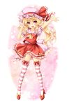  1girl ascot blonde_hair bow fang flandre_scarlet full_body hair_between_eyes hat hat_ribbon high_heels highres kamiya_tomoe long_hair looking_at_viewer mob_cap no_panties open_mouth outstretched_arm puffy_short_sleeves puffy_sleeves red_bow red_eyes red_ribbon red_shoes red_skirt ribbon shoe_bow shoes short_sleeves side_ponytail skirt skirt_set solo standing striped striped_legwear thigh-highs touhou vest yellow_bow 