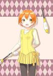  &gt;:d 1girl :d argyle argyle_background arm_behind_back beige_shirt black_legwear blush breasts chintara10 collarbone commentary_request cowboy_shot dress frills highres hoshizora_rin juggling juggling_club looking_away love_live! love_live!_school_idol_project open_mouth orange_hair outline pantyhose pleated_skirt short_hair silhouette skirt sleeveless sleeveless_dress small_breasts smile solo standing yellow_dress yellow_eyes 