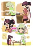  +_+ 2girls ankle_boots aori_(splatoon) arms_behind_back back-to-back bed black_boots black_hair blue_shorts boots casual cellphone comic cousins detached_collar domino_mask earrings food food_on_head gloves green_legwear green_shirt grey_hair holding holding_cellphone holding_phone hotaru_(splatoon) indoors inkling jewelry long_hair mask mole mole_under_eye multiple_girls night night_sky object_on_head phone pointy_ears purple_shirt purple_shorts shirt short_hair short_jumpsuit shorts silent_comic sitting sky smartphone splatoon standing sushi t-shirt tentacle_hair white_gloves wong_ying_chee 