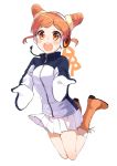 1girl :d aikatsu! arisugawa_otome boots cosplay double_bun full_body gentoo_penguin_(kemono_friends) gentoo_penguin_(kemono_friends)_(cosplay) hair_ornament headphones jacket jumping kemono_friends legs_up long_sleeves looking_at_viewer mittens open_mouth orange_boots orange_eyes orange_hair otk_do outstretched_arms penguins_performance_project_(kemono_friends) pleated_skirt round_teeth short_hair simple_background skirt smile solo teeth white_background white_skirt 