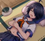  1girl ahoge black_hair blue_skirt breasts closed_eyes drooling drooling_saliva hair_over_one_eye kako_(kantai_collection) kantai_collection long_hair messy_hair midriff navel neckerchief oonaka_ito pillow pleated_skirt red_neckwear remodel_(kantai_collection) school_uniform serafuku skirt sleeping solo tatami twitter_username under_boob 