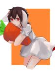  1girl animal_ears artist_request brown_hair carrot dress floppy_ears inaba_tewi object_hug rabbit_ears red_eyes smile tagme touhou white_dress 