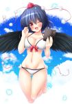  1girl black_hair blush breasts cleavage eyebrows_visible_through_hair hat highres large_breasts looking_at_viewer navel one_eye_closed open_mouth osashin_(osada) red_eyes shameimaru_aya short_hair smile solo tokin_hat touhou wings 