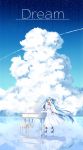 1girl ankle_cuffs bangs bare_shoulders blue_eyes blue_hair blue_ribbon blue_shoes blue_sky chains closed_mouth clouds cloudy_sky commentary_request condensation_trail cuffs day dress english grand_piano hair_ribbon hatsune_miku high_heels highres horizon instrument ji_dao_ji long_dress long_hair looking_at_viewer ocean petals petals_on_water piano piano_bench ribbon rose_petals shoes sidelocks sky smile solo standing standing_on_liquid star_(sky) starry_sky strapless strapless_dress twintails very_long_hair vocaloid white_dress wind 
