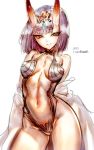  1girl 2017 bare_shoulders breasts eyebrows_visible_through_hair fate/grand_order fate_(series) horns looking_at_viewer medium_breasts navel purple_hair revealing_clothes rondo_bell short_hair shuten_douji_(fate/grand_order) simple_background smile solo standing thick_eyebrows thighs violet_eyes white_background 