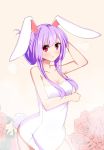  1girl animal_ears blush breast_hold breasts bunny_tail cleavage collarbone flower hand_in_hair lavender_hair long_hair looking_at_viewer open_mouth rabbit_ears red_eyes reisen_udongein_inaba rose solo tail touhou very_long_hair xialuluo_(sharuro) 