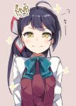  &gt;:) 10s 1girl =3 ahoge arms_at_sides bangs black_hair bow bowtie commentary_request fujinami_(kantai_collection) hair_ribbon kantai_collection long_hair long_sleeves looking_at_viewer otk_do ponytail ribbon school_uniform simple_background smile solo sparkle upper_body yellow_eyes 