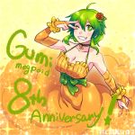  1girl ;d ahoge anniversary arm_up bangs bare_shoulders black_choker blush bow breasts bridal_gauntlets caffein character_name choker cleavage collarbone commentary_request dress elbow_gloves eyebrows_visible_through_hair fingerless_gloves flower gloves gradient gradient_background green_bow green_eyes green_hair grin gumi hair_between_eyes hair_flower hair_ornament halterneck large_breasts looking_at_viewer nail_polish one_eye_closed open_mouth orange_dress orange_gloves orange_nails parted_lips rose rose_hair_ornament sash short_hair_with_long_locks sidelocks skirt_hold sleeveless sleeveless_dress smile solo sparkle standing star star-shaped_pupils symbol-shaped_pupils teeth underbust v v_over_eye vocaloid yellow_background 