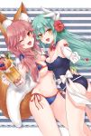  2girls animal_ears aqua_hair bikini blue_bikini blue_swimsuit blush breasts cleavage fangs fate/extra fate/grand_order fate_(series) flower fox_ears fox_tail green_hair hair_flower hair_ornament highres horns kiyohime_(fate/grand_order) kiyohime_(swimsuit_lancer)_(fate) large_breasts long_hair looking_at_viewer multiple_girls navel one-piece_swimsuit one_eye_closed open_mouth pika_mouse pink_hair school_swimsuit smile swimsuit tail tamamo_(fate)_(all) tamamo_no_mae_(swimsuit_lancer)_(fate) yellow_eyes 