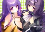  2girls asymmetrical_docking bare_shoulders belt_collar breast_press breasts cleavage crossover dress fate/extra fate/extra_ccc fate_(series) gigantic_breasts huge_breasts kirie_nozomi multiple_girls murasaki_(senran_kagura) o-ring_top parted_lips passion_lip pink_eyes purple_hair ribbon senran_kagura senran_kagura_(series) strap symmetrical_docking violet_eyes 
