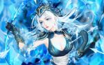  1girl arrow ashe_(league_of_legends) blue_eyes bow_(weapon) breasts cleavage gloves highres hood league_of_legends lips long_hair medium_breasts parted_lips qidai sash shoulder_pads solo water weapon white_hair 