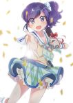  1girl :d aikatsu! bangs blue_eyes blue_hair blurry bow confetti depth_of_field eyebrows_visible_through_hair frilled_skirt frills hair_ornament hair_scrunchie holding holding_microphone idol kiriya_aoi looking_at_viewer microphone neckerchief open_mouth otk_do outstretched_arm plaid plaid_skirt sailor_collar scrunchie short_hair side_ponytail sketch skirt smile solo sparkle standing standing_on_one_leg sweat 