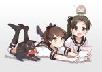  10s 2girls :d ? ayanami_(kantai_collection) bangs black_legwear black_ribbon brown_eyes brown_hair commentary_request eyebrows_visible_through_hair full_body game_console hair_ribbon kantai_collection kneehighs legs_up litten long_hair lying multiple_girls no_shoes on_head on_stomach open_mouth otk_do outstretched_arms parted_bangs playing_games pleated_skirt pokemon pokemon_(creature) ponytail ribbon rowlet school_uniform serafuku shikinami_(kantai_collection) short_hair short_sleeves side_ponytail skirt smile yellow_eyes 
