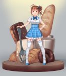  1girl :d ahoge bangs blue_bow blue_bowtie blue_shoes blue_skirt bow bowtie bread breasts brown_hair coffee_cup collared_shirt croissant doughnut drill_hair eyebrows_visible_through_hair food fork frilled_skirt frills full_body garter_straps gradient gradient_background grin hair_ornament hair_scrunchie hand_on_hip idolmaster idolmaster_million_live! kamille_(vcx68) kobeya koubeya_uniform long_hair looking_at_viewer nail_polish open_mouth oversized_object pastry plaid plaid_skirt scrunchie shirt shoes short_sleeves side_ponytail sidelocks skirt smile solo standing suspender_skirt suspenders teeth thigh-highs two-tone_background uniform violet_eyes white_legwear white_shirt wing_collar wrist_cuffs yokoyama_nao 